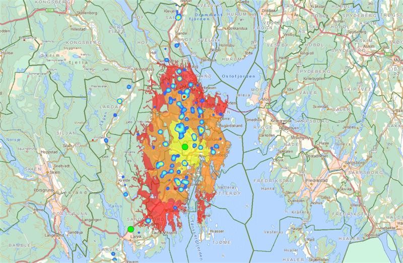 GIS: Biogass-ressurser innenfor ulike geografiske avstander fra planlagt anlegg Tilgang på biogassressurser