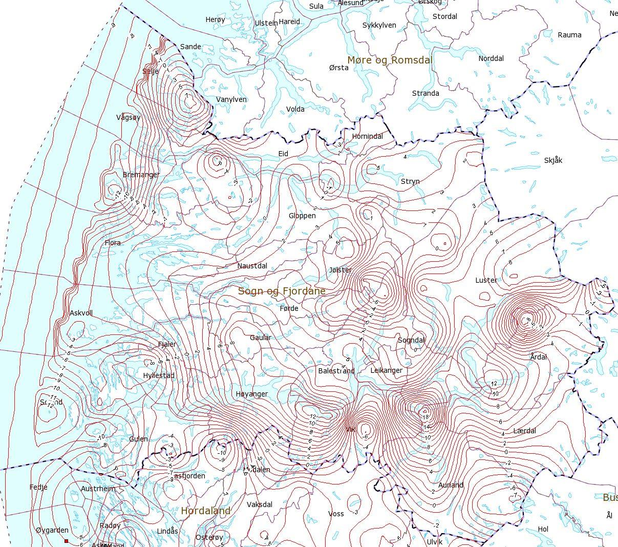 Sogn og Fjordane Isolinjekart som gir en