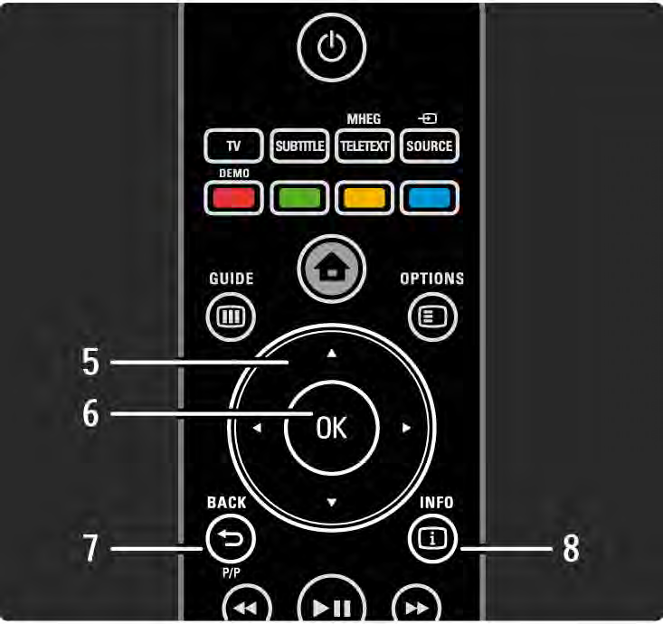 2.1.1 Oversikt over fjernkontrollen 2/6 5 Navigeringsknapp Trykk for å navigere opp, ned, til høyre eller til venstre. 6 OK-knapp Trykk for å åpne kanaloversikten. Trykk for å aktivere et valg.