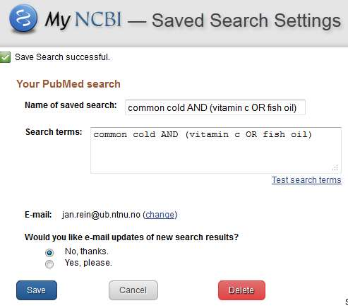 Lagre søk på My NCBI Søk lagres ved å klikke på lenken Create alert under søkefeltet. Husk at det er søkestrategien som lagres her, ikke trefflista!