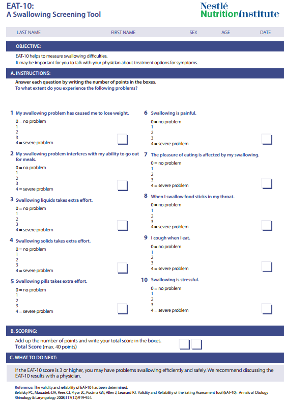 Eating Assessment Tool-10 (EAT-10) -10 spørsmål om måltider og inntak av mat og drikke.