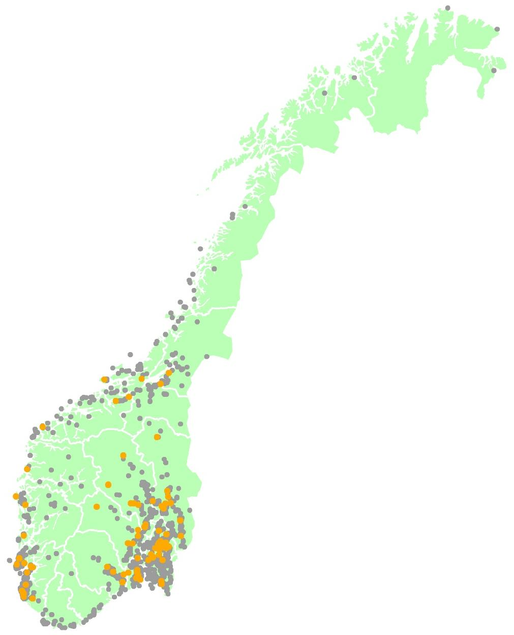 Figur 4. Geografisk fordeling av åkerrikseobservasjoner i Norge i 2016.