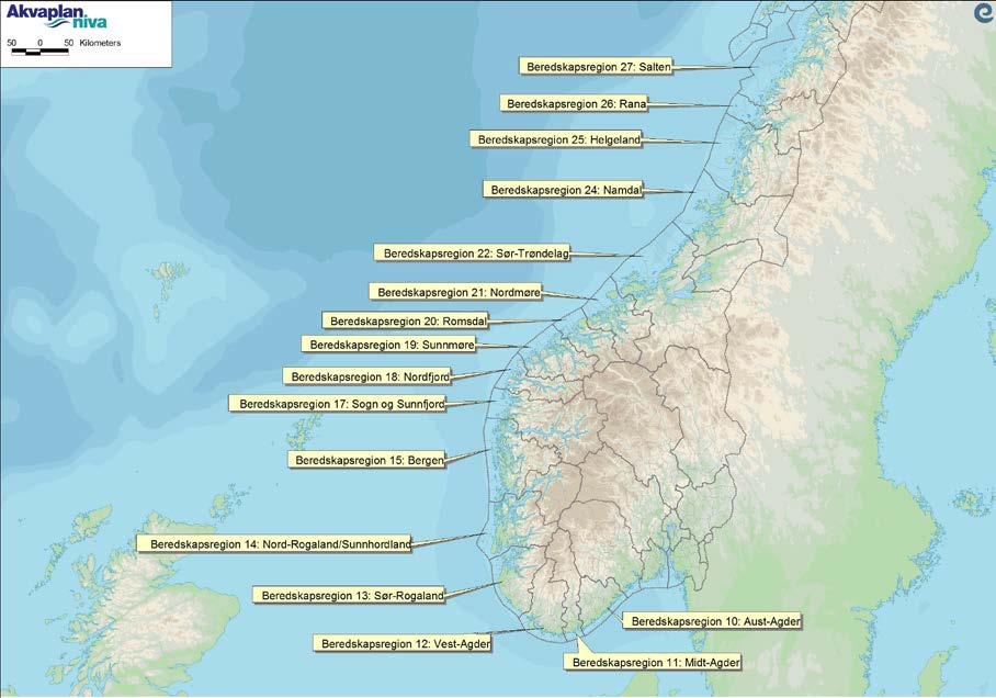 6.4 Administrative grenser/ berørte IUA Figur 6-8: Beredskapsregionene sør for Lofoten [7]. 6.5 Drivtid Minste drivtid til land brukes i denne sammenheng til å dimensjonere beredskapen i kyst- og strandsone.