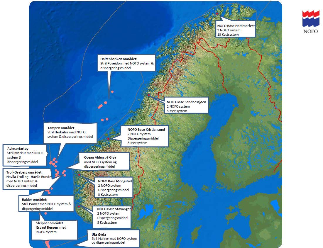 Figur 7-1: NOFO utstyrsoversikt per august 2012 Tabell 7-1: Avstander fra Visundfeltet til oljevernressurser benyttet i analysen Oljevernressurser Avstand til Visundfeltet (nm) Stril Power Balder 129