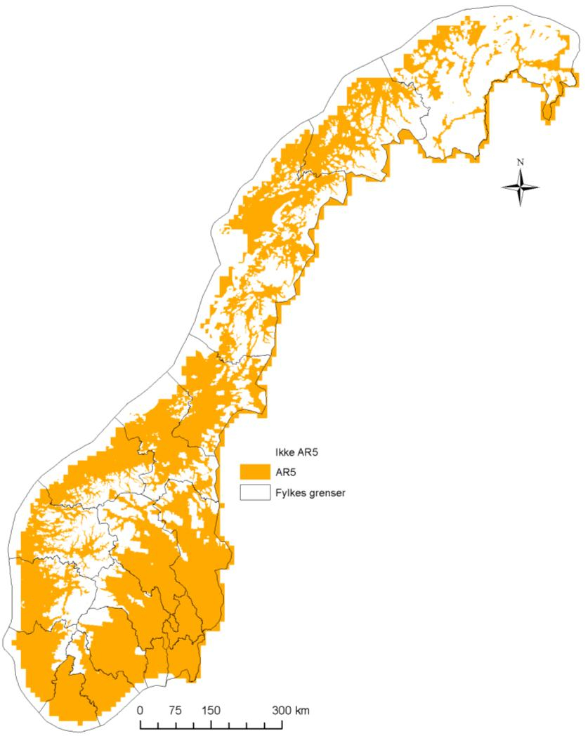 Areal som ikke er kartlagt i FKB-AR5 er primært økonomisk marginale områder slik som snaumark og fjell. Dette dekker ca. 44 % av fastlandsarealet.