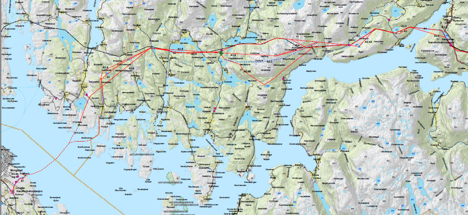 6 med 700 meter jordkabel i Iledalen 3.4b (og alt. 1 for delstrekk kor det ikkje føreligg alternativ til denne.) Kart frå høyringsrunden syner ulike alternativ som BKK har søkt.