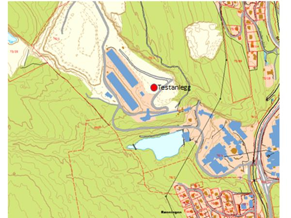 4 TESTANLEGGET BELIGGENHET OG RAMMER 4.1 Lokalisering av testanlegget Figur 4.1-4.2 viser testanleggets beliggenhet i Dalen pukkverk.