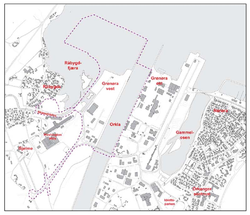 datarapport Figur 2. Kart over Grønøra havne- og industriområde, med planområdet markert. Grønøra havne- og industriområde ligger i dag der Orkla tidligere hadde sitt opprinnelige utløp til fjorden.