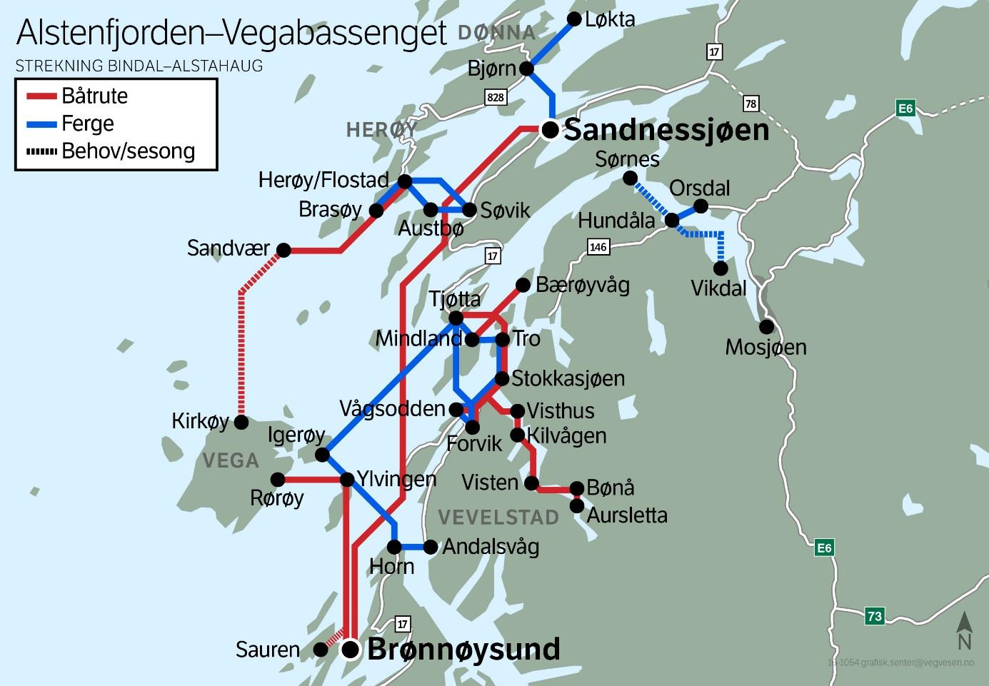 Vega- Brønnøysund - Sandnessjøen 1. Rute 18-142 Brønnøysund - Stortorgnes (Sauren) legges ned 2. Båtrute Brønnøysund Ylvingen - Rørøy anløper Sauren på bestilling.