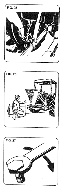 Bruk av maskinen For å unngå sidebevegelse under arbeid må hydraulikkens nedre armer stabiliseres.(fig.25) Før bruk, sørg for at spredetallerken er i horisontal posisjon ca. 70 cm høyde(fig 26).