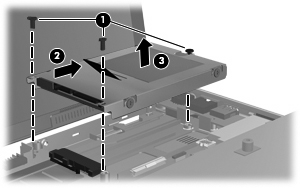 9. Løft øvre kant av tastaturet (1) opp og fjern tastaturet fra datamaskinen (2) for å komme til harddisken. 10. Løsne og skru ut de tre harddiskskruene (1). 11.