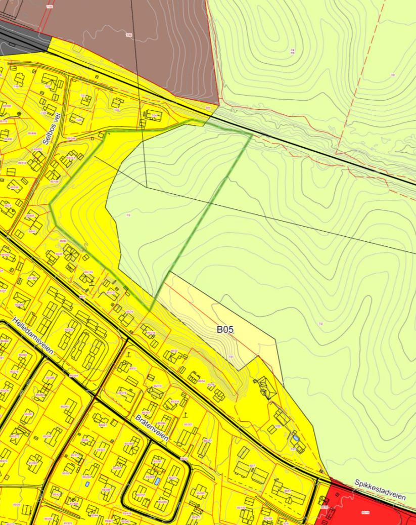 5 Figur 1 Utsnitt av gjeldende kommuneplan Eiendommen er markert med grønn linje 23 Begrunnelse for ønsket arealbruksendring Eiendommen er ca 27 daa Da eksisterende bebyggelse ligger tett inntil