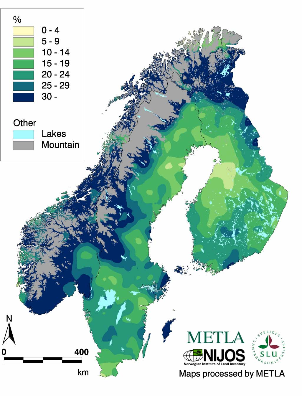 Hogstmoden skog, geografisk fordeling Figuren viser utbredelse for arealandeler (i % av produktivt skogareal) for hogstmoden skog i Fennoskandia.