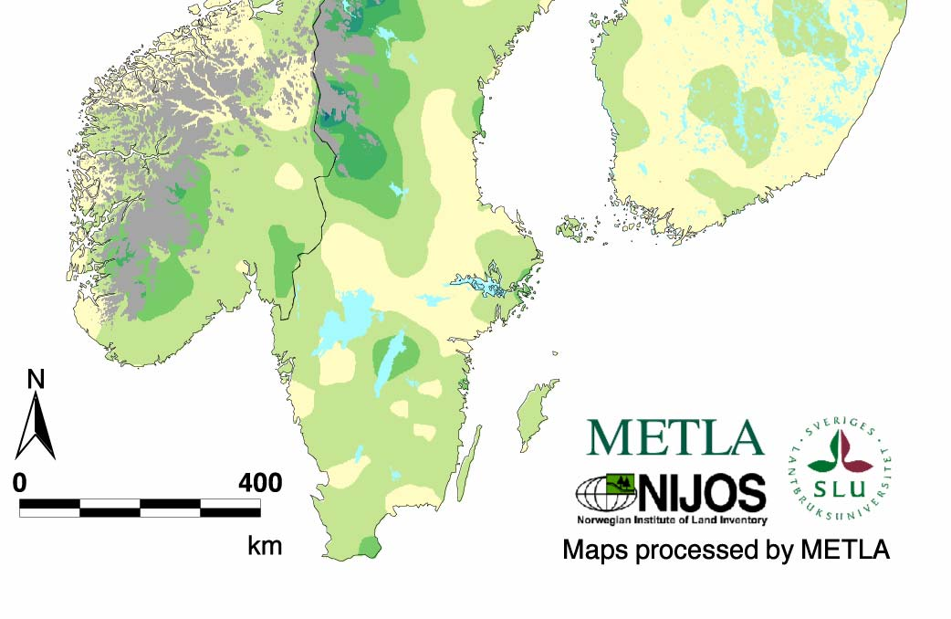 Overmoden skog, geografisk fordeling Figuren viser utbredelse for arealandeler (i % av produktivt skogareal) for overmoden skog i Fennoskandia.
