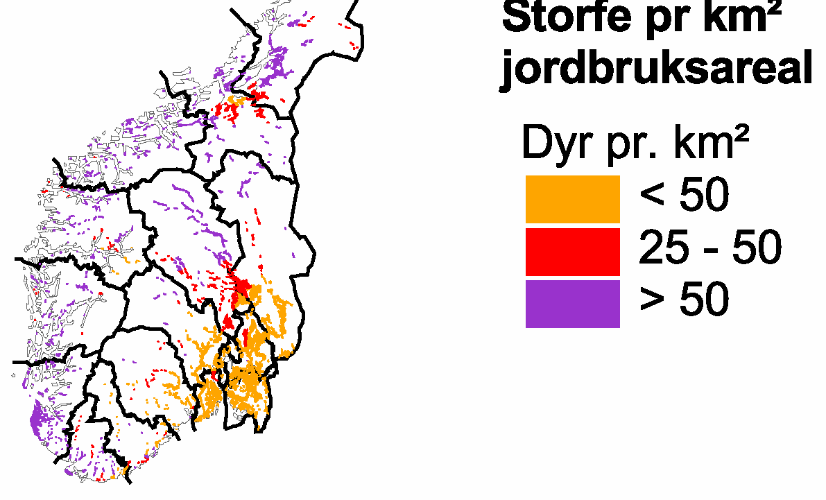Storfe på sommerbeite Kartet viser antall storfe fordelt på jordbruksareal pr. kommune. Beregningsgrunnlaget er dyr som det er søkt produksjonstilskudd for i 2004.