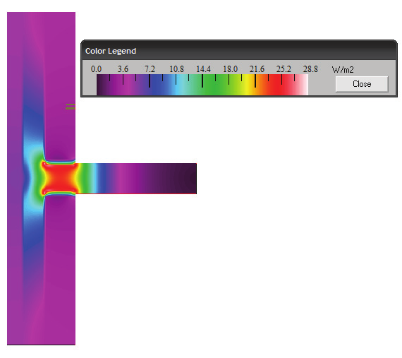 Figur 36. Fargeplott av varmestrømstettheten igjennom konstruksjon med henholdsvis 100 mm utvendig isolasjon (til venstre) og uten utvendig isolasjon. 6.