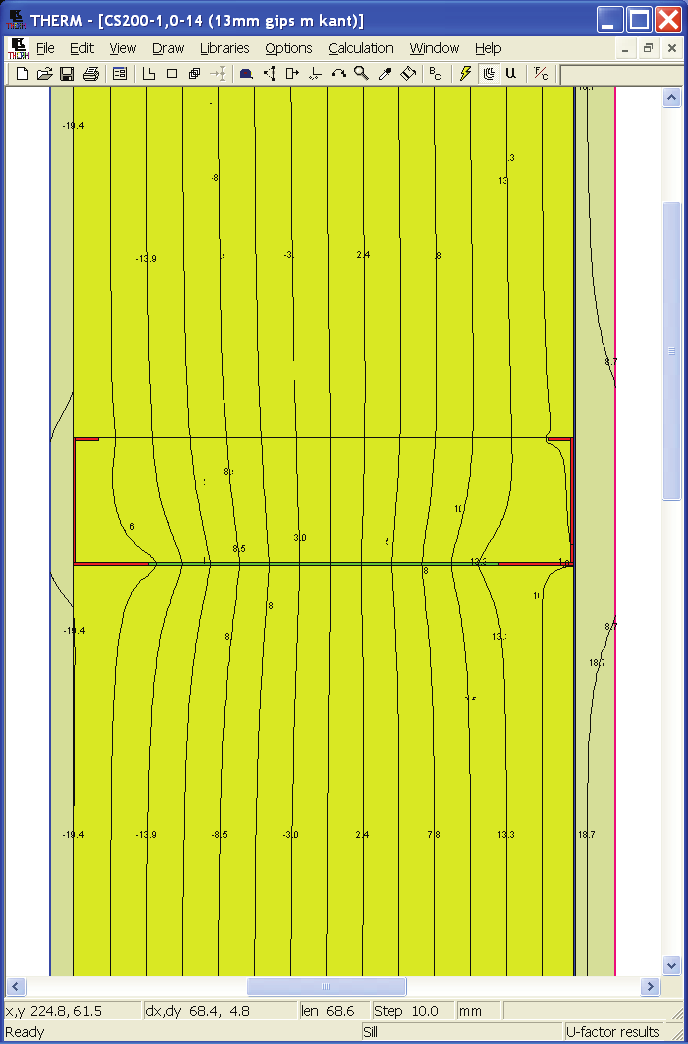 U-verdi som fremkommer ved beregning der stender er plassert sentrisk i et 600 mm bredt veggfelt (som i følgende figur) er en verdi som gjelder for vegger uten innvirkning av bunnog toppsvill, ekstra