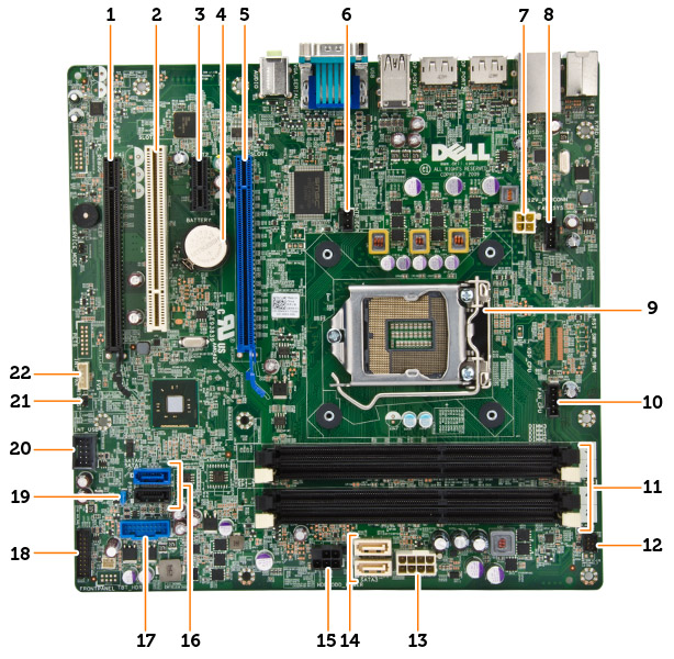 1. PCI Express x16-spor (kablet som x4) 2. PCI-spor 3. PCIe x1-kontakt 4. klokkebatteri 5. PCI Express x16-kontakt 6. Kontakt for innbruddsbryter 7. 4 pinners CPU-strømkontakt 8.