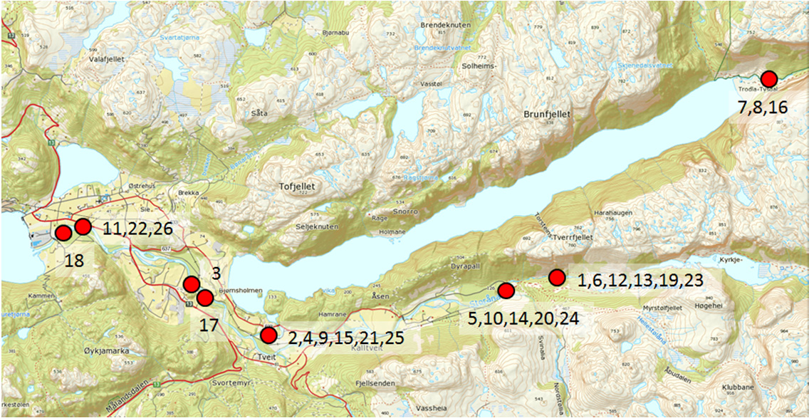 Figur 6: Oversikt over rognplanting i Årdalsvassdraget, 2010-15. Nummer i figuren korresponderer med nummereringen av antalls- og stedsangivelsene i Tabell 3 ovenfor. 8.