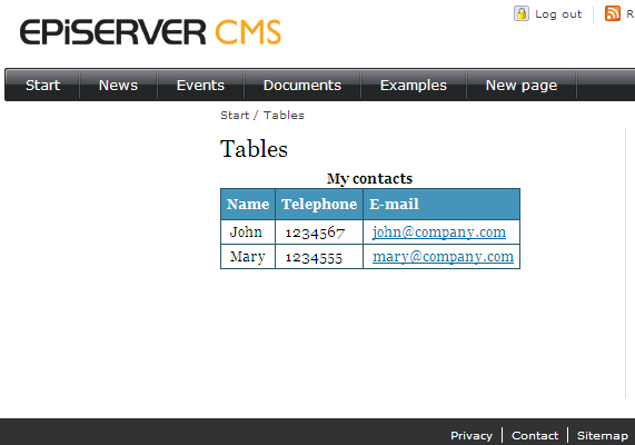 56 Redaktørhåndbok for EPiServer CMS 6.0 Revisjon B Opprette en tabell 1. Plasser markøren der du vil sette inn tabellen i redigeringsprogrammet. 2.