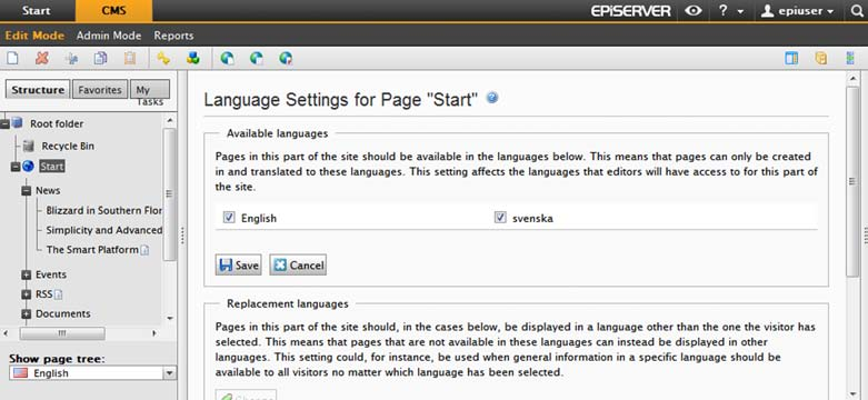 98 Redaktørhåndbok for EPiServer CMS 6.0 Revisjon B hvordan webområdet skal vise et bestemt språk, og når.