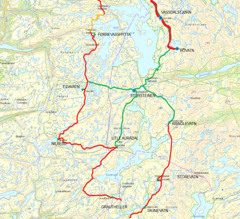 Kartet viser nedlagte turistløyper (grøn markering) og aktive turistløyper (raud markering) etter nedlegging av turisthytta Storsteinen.