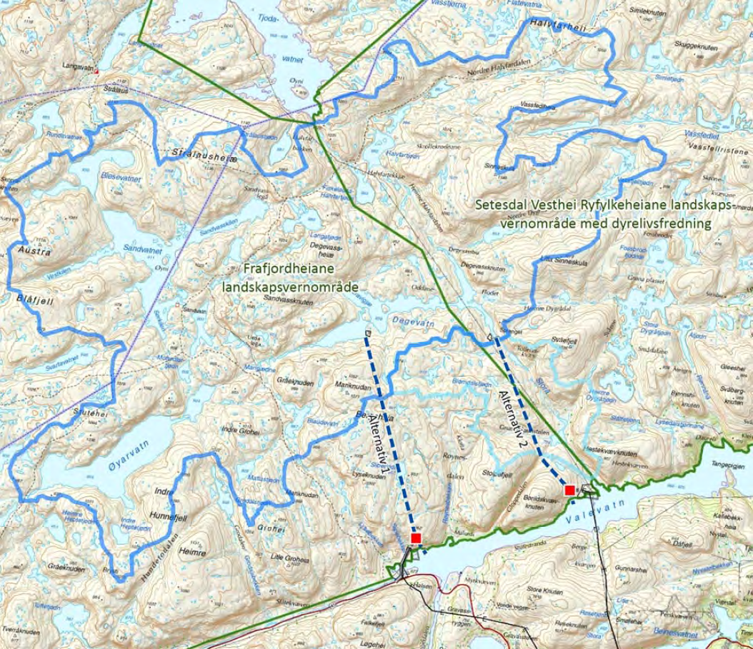 Utbyggingsplanane Sira-Kvina kraftselskap (SKK) søker om dispensasjon frå verneføreskriftene for Setesdal Vesthei- Ryfylkeheiane landskapsvernområde og Frafjordheiane landskapsvernområde for å kunne