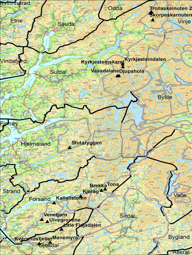 Kart over aktuelle lokalitetar i verneområda Formell bakgrunn for vurdering og vedtak Forskrift om vern av Frafjordheiane landskapsvernområde av 30.01.2004.