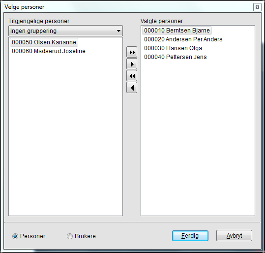 4 Andre endringer Du kan ha forskjellig utvalg på Personer og Brukere, du velger hvilken gruppe du vil velge ansatte for nederst i bildet til venstre.
