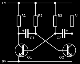 Multivibratorer Astabil multivibrator Frittløpende multivibrator Kretsen har to kvasi-stabile tilstander