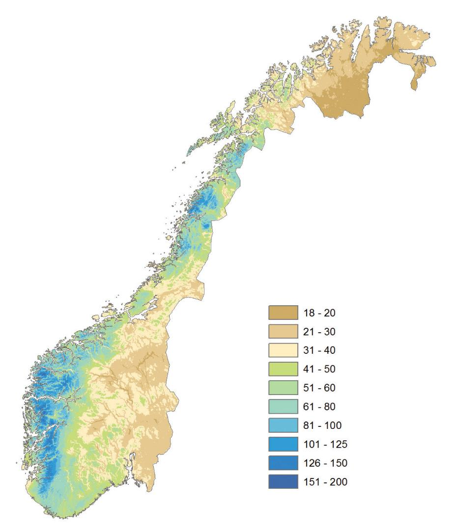 Endring i antall dager med kraftig nedbør kraftig nedbør i dag + 150 % scenario