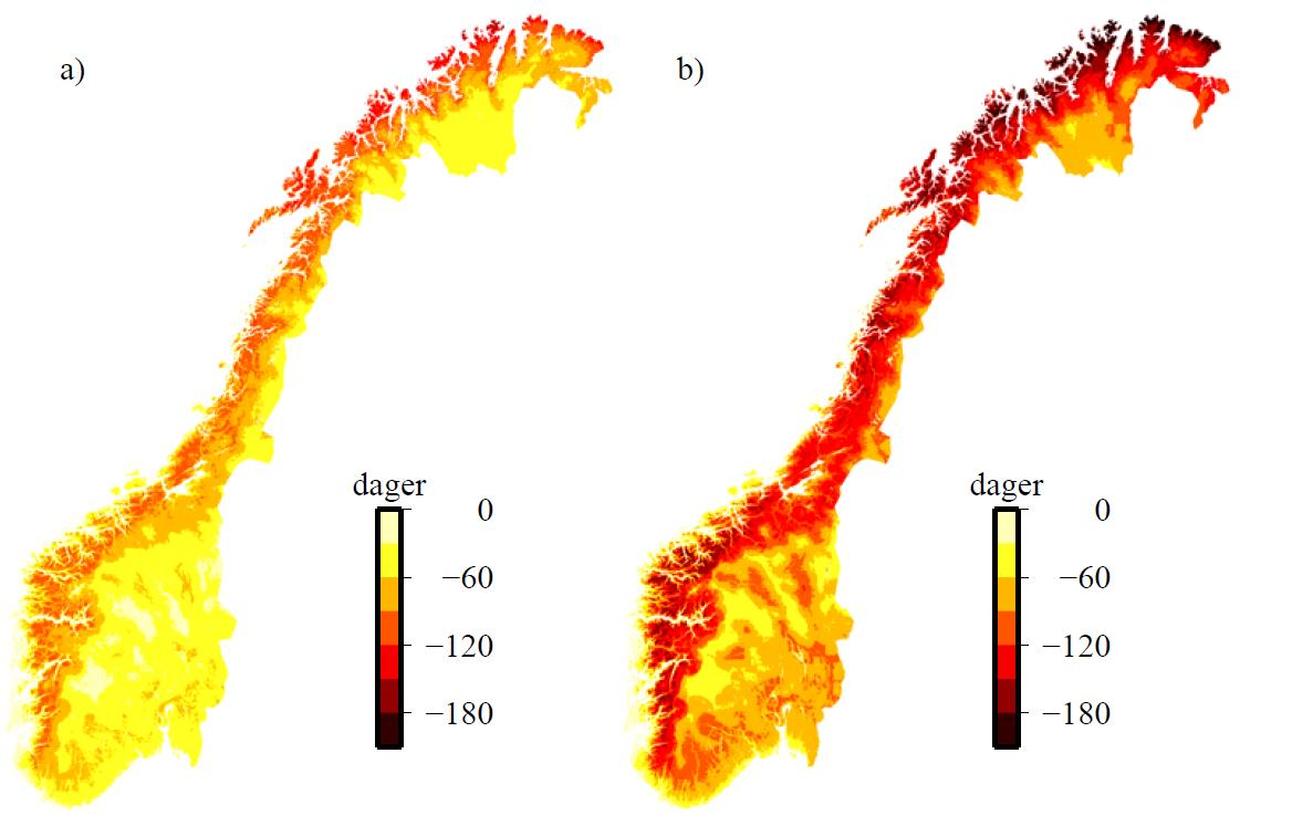 Snøsesongen blir kortere Endringer fra 1971-2000 til