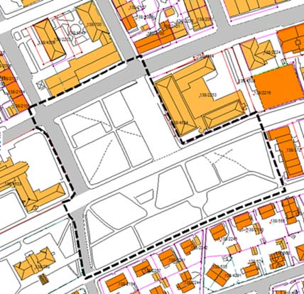 Avgrensing av planområdet Rådhusparken og Solparken reguleres til grønn park. Torvgata reguleres til gang-/sykkelvei mellom Rensåsgata og Kongens gate.