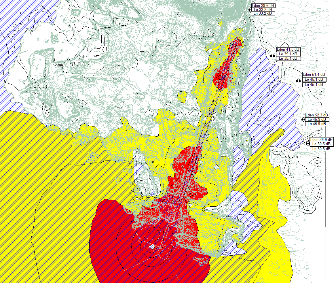 2.4.3 Totalt støynivå fra kaiområde og aktivitet nede i rørgate Støysonene fra aktivitet på kaiområde og nede i rørgaten er beregnet samtidig.