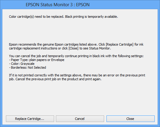 Skifte ut blekkpatroner Hvis EPSON Status Monitor 3 er deaktivert, åpner du skriverdriveren, klikker Utvidede
