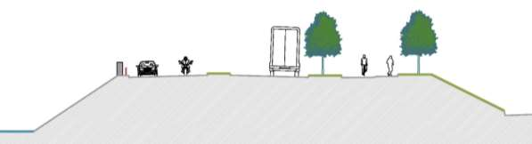 Planbeskrivelse 63 Rv. 2 Åkersvikavegen Rv. 2 utvides til 4 felt med midtrabatt. Det foreslås romslige grøntrabatter mellom vegbanen og sykkelvegen med fortau.