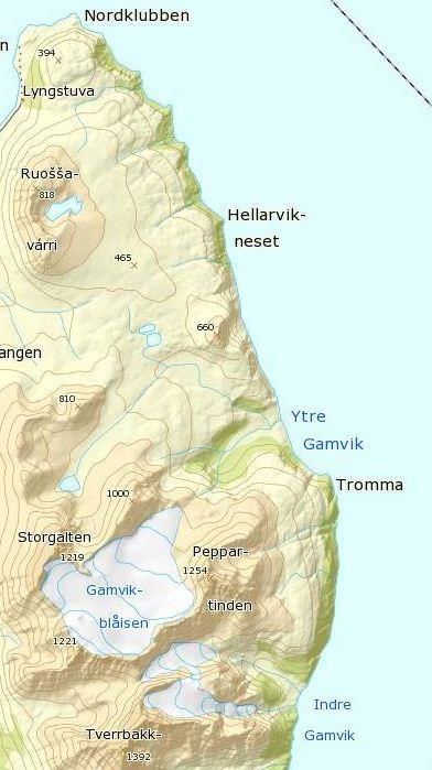 Fig.1 Utsnitt av området vi besøkte. INDRE GAMVIK Allerede da vi kom i land ble vi oppmerksom på en ruin av betongmur fra nyere tid helt nede i strandsonen.