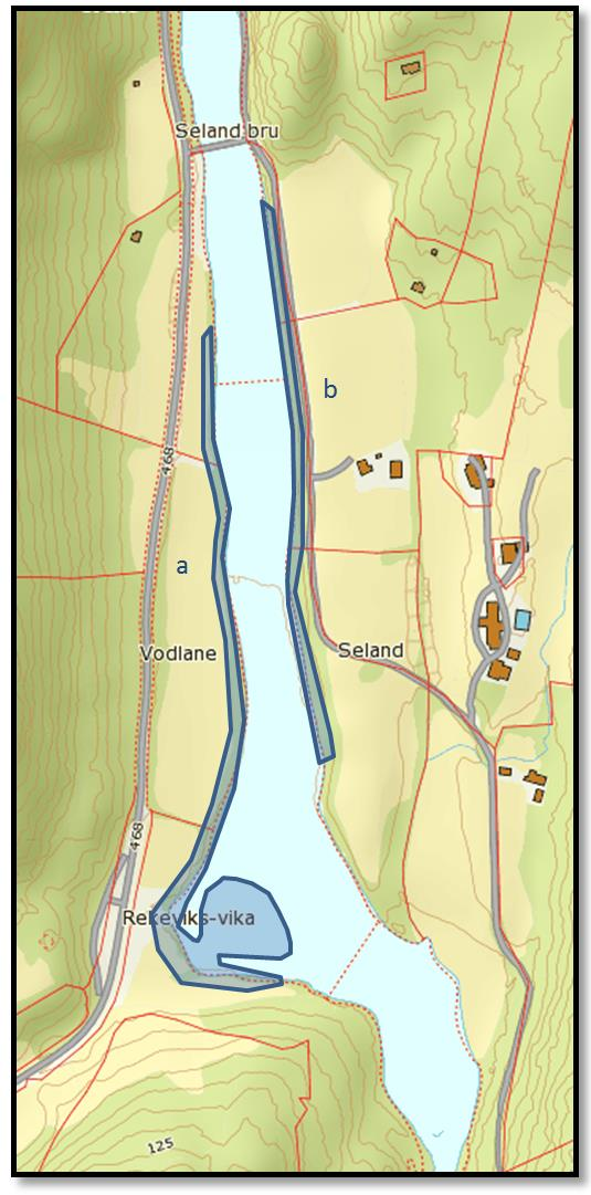 5.3. Seland Figur 6: Kartskissen viser tiltaksområdene på vestlig (a) og østlig (b) bredd ved Seland.