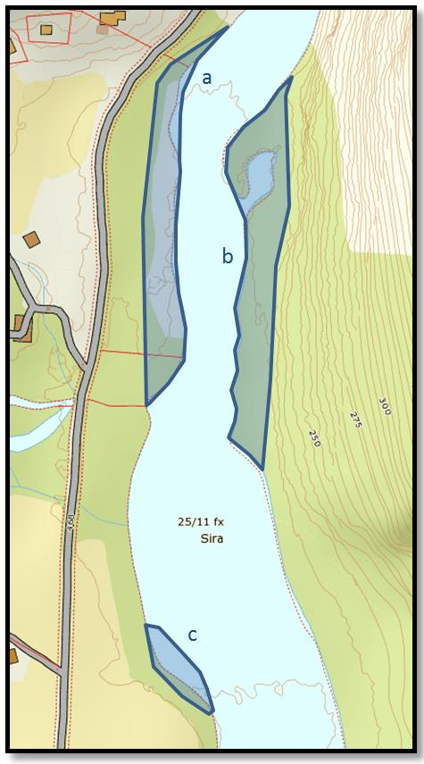 5.6. Lindeland Figur 14: Kartskissen viser tiltaksområdene ved Lindeland. Vurdering av området Dette er et parti der elven smalner noe inn, i tillegg stikker det et vegetert nes ut i elveløpet.