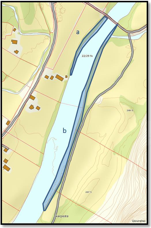 5.8. Skeie Figur 16: Kartskissen viser tiltaksområdene på Skeie. Vurdering av området Avsnittet Skeie utgjør partiet nedstrøms broen på Lunde.