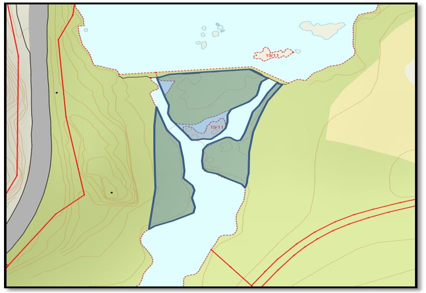 5.13. Handeland Figur 36: Kartskissen viser tiltaksområdet vet terskelen på Handeland. Vurdering av området Terskelen utgjør et smalere parti etter terskelbassenget på Handeland.