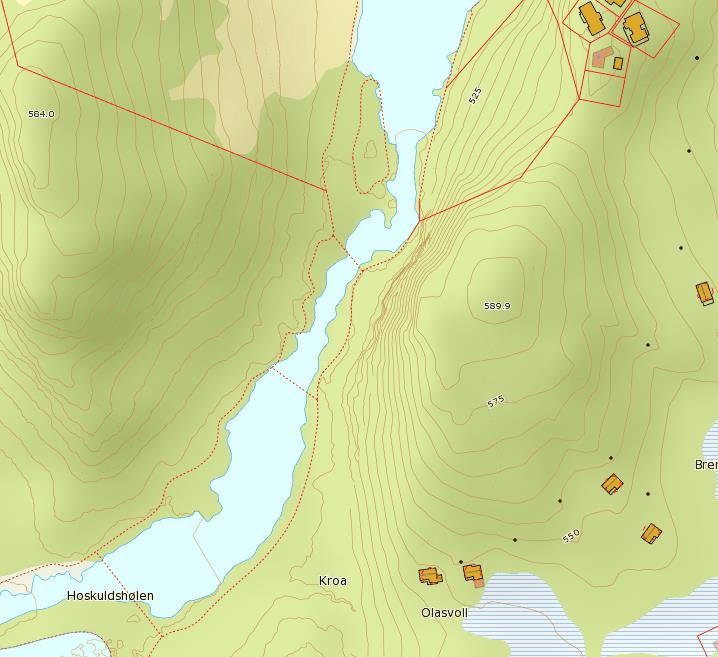 5.14. Terskel Tjørhomvatnet Figur: Kartet viser oversikt over tiltaksområdet ved terskel Tjørhomvatnet. Vurdering av området I øvre del, ved terskelen, deler elva seg i to.