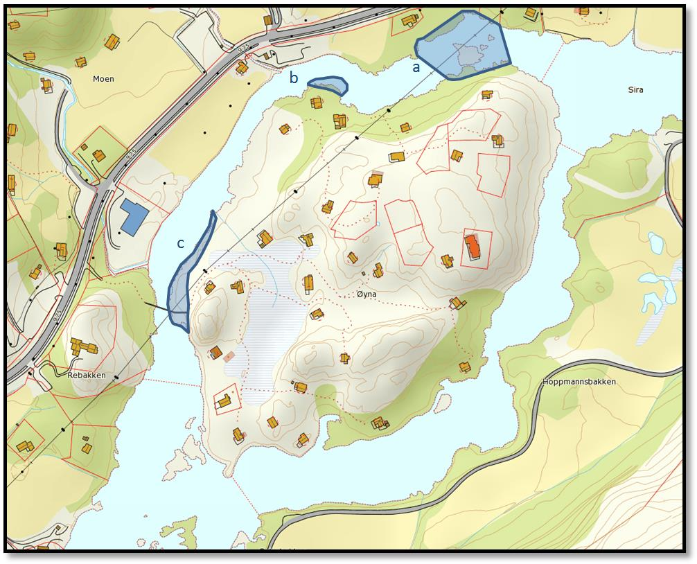 5.16. Øyna Figur: Kartskissen viser tiltaksområdene ved Øyna. Figur: Bildet viser elveløpet i tiltaksområde a.