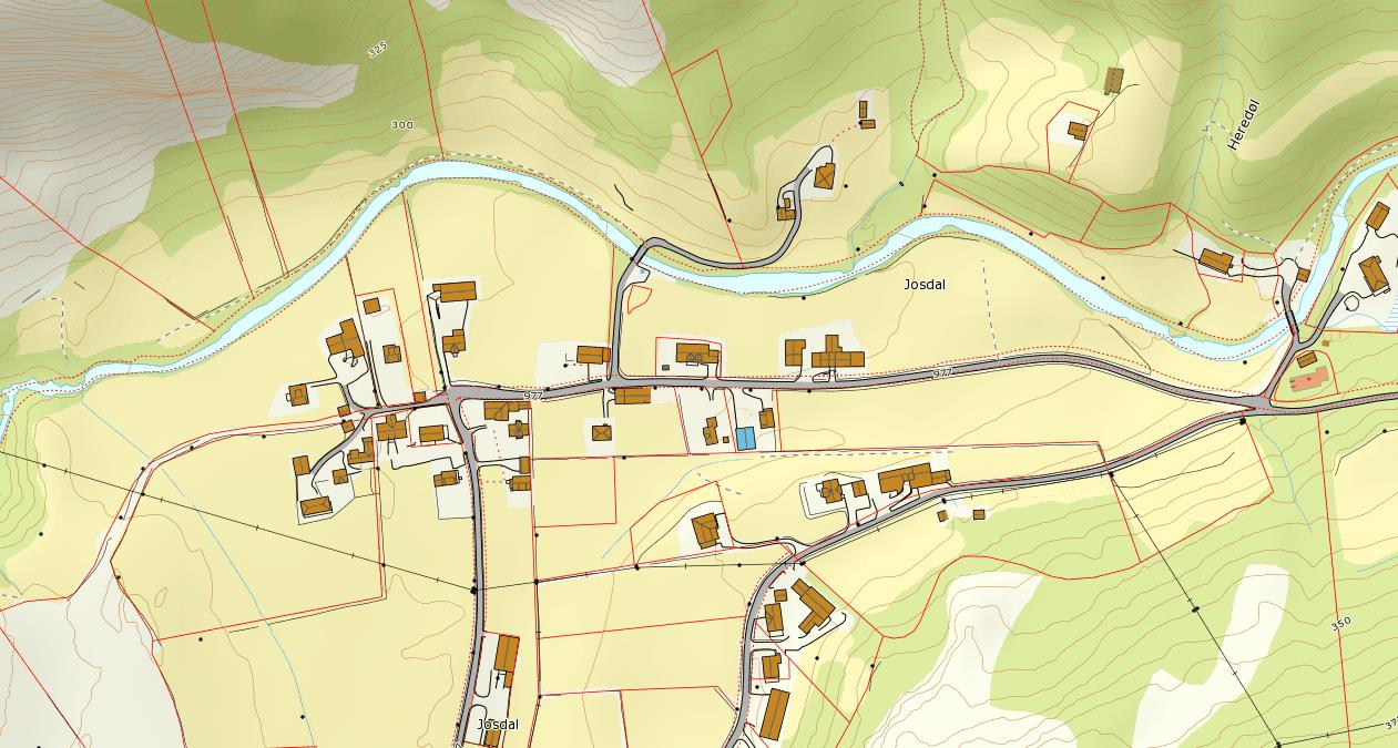 6.2. Josdalsvassdraget 6.2.1. Josdal Figur: Kartet viser oversikt over tiltaksområde i Josdal. Vurdering av området Elva Josa renner her gjennom bebyggelsen i Josdal.