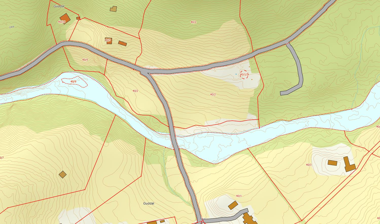 6.3. Lilandsdalen 6.3.1. Guddal Figur: Kartet viser oversikt over tiltaksområdet ved Guddal. Vurdering av området Området ligger i tilknytning til bro, med omkringliggende dyrket mark og beboelse.