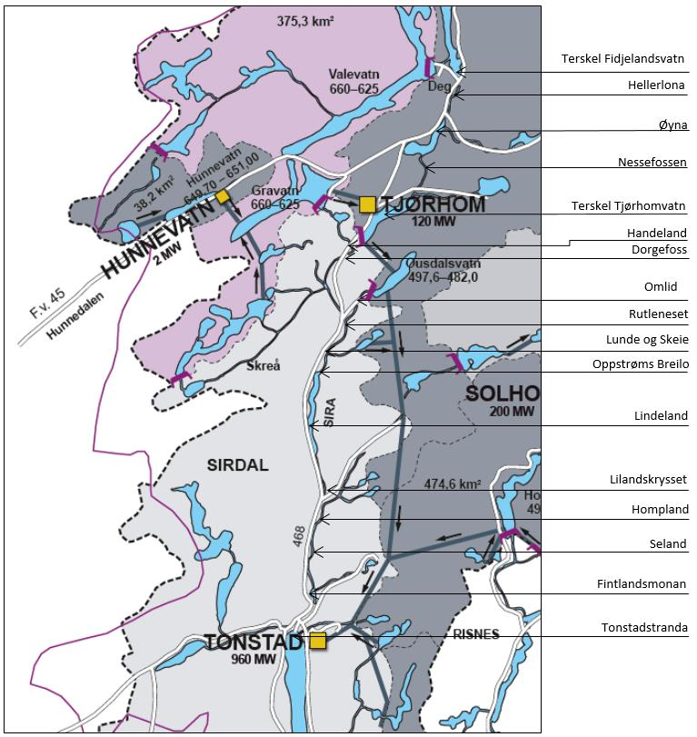 5. Sira hovedvassdraget Alle tiltaksområdene langs Siras hovedvassdrag ligger i Sirdal kommune, innenfor et område som strekker seg fra Fidjelandsvatnet i nord til Sirdalsvatnet i sør.