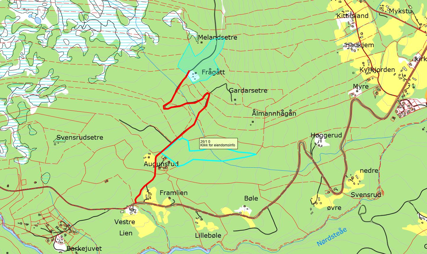 HEIMSETERVEGEN Fra FV 108 til Augunsrud/ Tveitåsen HEIMSETERVEGEN. Vegen går inn til Augunsrud og videre opp i og langsetter Tveitåsen.