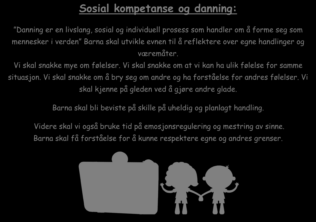 Sammen med temaene for dette halvåret jobber vi jevnlig, og i det daglige med emnene: Sosial kompetanse og danning: