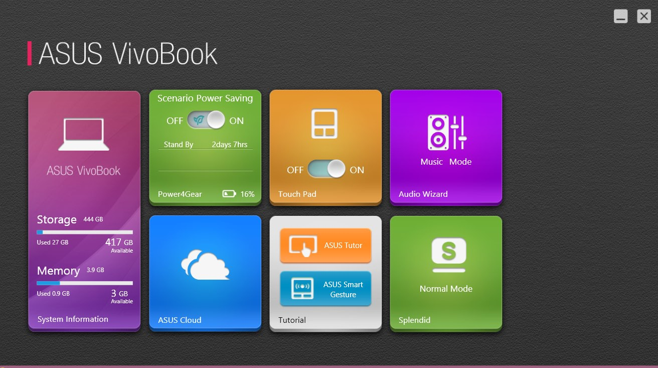 Appstarteren til ASUS VivoBook Denne bærbare PC-en leveres med ASUS VivoBook øyeblikksfunksjoner som gir tilgang til mange Windows 8-innstillinger og ASUS-apper som følger med notatboken, med ett