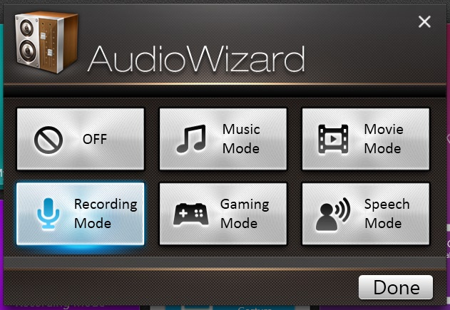 Velg lydmodusen du ønsker å aktivere i AudioWizardvinduet.